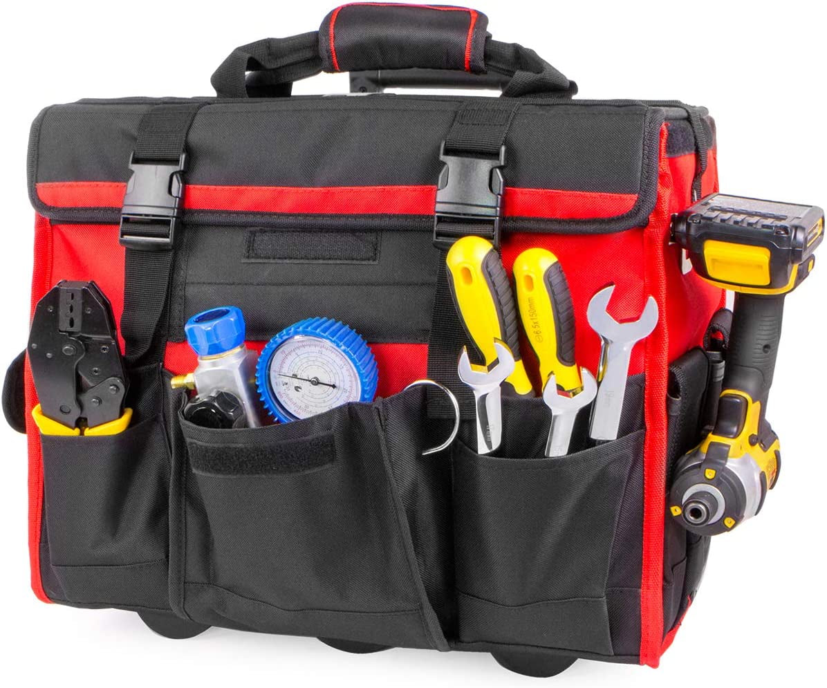 18" Rolling Tool Bag Organizer Adjustable Telescoping Handle Wide Storage Organizer Compartment Toolbag Organizers with Wheels