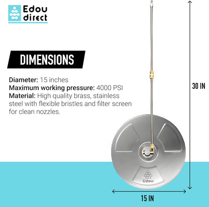 Direct Pressure Washer Surface Cleaner 15" - Stainless Steel - Heavy Duty - 4,000 PSI Max Working Pressure - Includes: 2 Pressure Washer Extension Wand Attachments