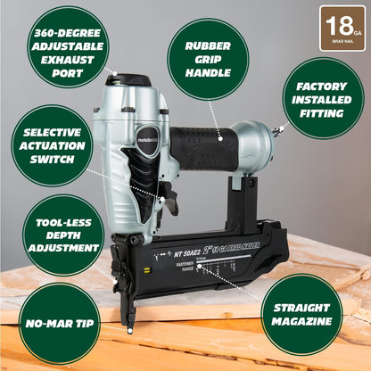 Brad Nailer Kit | Pro Preferred Brand of Pneumatic Nailers | 18 Gauge | Accepts 5/8 to 2-Inch Brad Nails | Ideal for Trim Work, Furniture Building & Other Finish Applications | NT50AE2