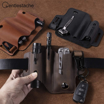 Multitool Sheath for Belt, EDC Belt Organizer for Men, Leather Multitool Pouch with Pen Holder, Flashlight Sheath,Key Fob, Leather EDC Pouch Darkbrown