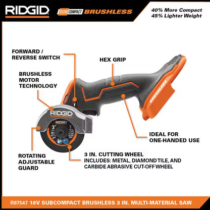 18V Subcompact Brushless Cordless 3 In. Multi-Material Saw (Tool Only) with (9) Cutting Wheels