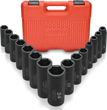 02474A 1/2" Impact Socket Set, 15 Piece Metric Socket Set 10-24 Mm, Deep Sockets, 6 Point, 1/2” Drive Sockets for 1/2" Impact Wrench, Chrome Vanadium Cr-V