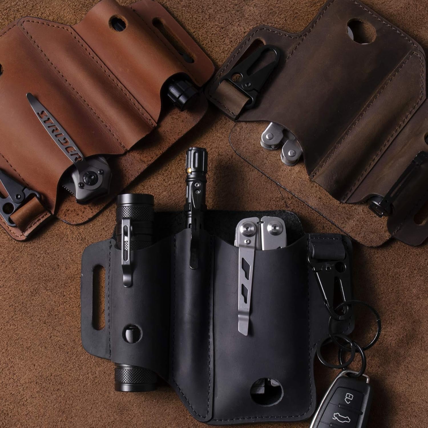 Multitool Sheath for Belt, EDC Belt Organizer for Men, Leather Multitool Pouch with Pen Holder, Flashlight Sheath,Key Fob, Leather EDC Pouch Darkbrown