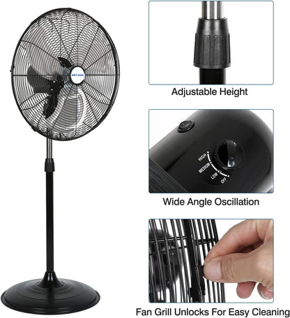 5200 CFM 20" High-Velocity Industrial Pedestal Fan, 3-Speed Oscillating Stand Fan, Heavy Duty Metal Fan for Commercial, Warehouse, Garage Use