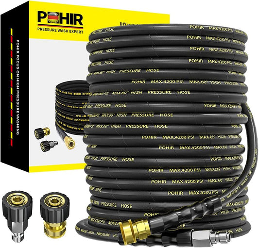 Power Washer Hose 125FT, High Pressure Washer Hose with 3/8'' Quick Connector, Steel Wire Braided Hose with 2 Quick Connect Kits Compatible M22 14 Mm, Hose for Pressure Washer 4200 PSI