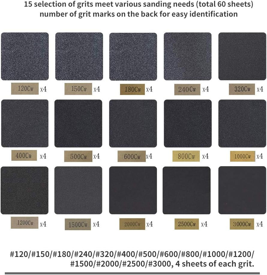 Sand Paper - 60 Pcs Sandpaper Sheets, 120 to 3000 Grit Sandpaper Assortment, Premium Wet Dry Waterproof Abrasive Variety Fine Sanding Paper for Wood Metal Plastic Glass Polishing Automotive Car Paint