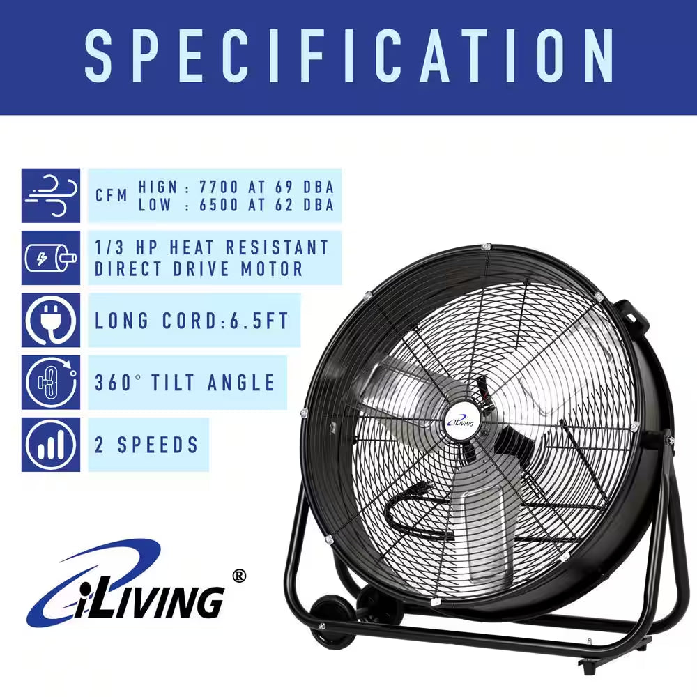 High Velocity Industrial 24 In. 2-Speed Drum Fan with Speed Control, 360° Tilt, 7700 CFM