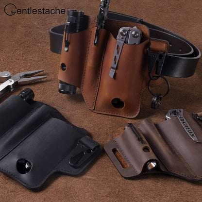 Multitool Sheath for Belt, EDC Belt Organizer for Men, Leather Multitool Pouch with Pen Holder, Flashlight Sheath,Key Fob, Leather EDC Pouch Darkbrown