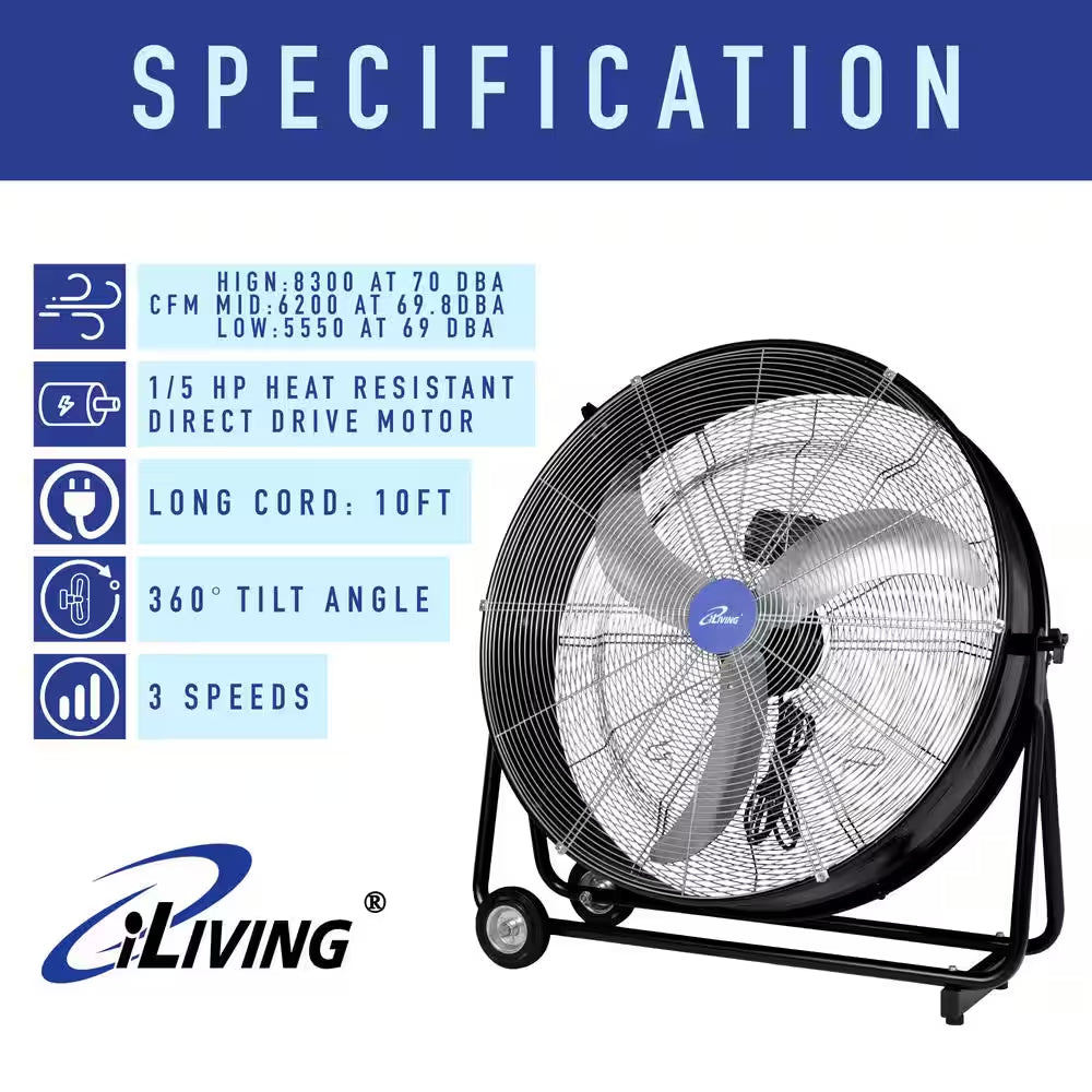 30 In. 3-Speed Portable High Velocity Drum Fan with 8300 CFM, Industrial, Commercial, Air Circulator