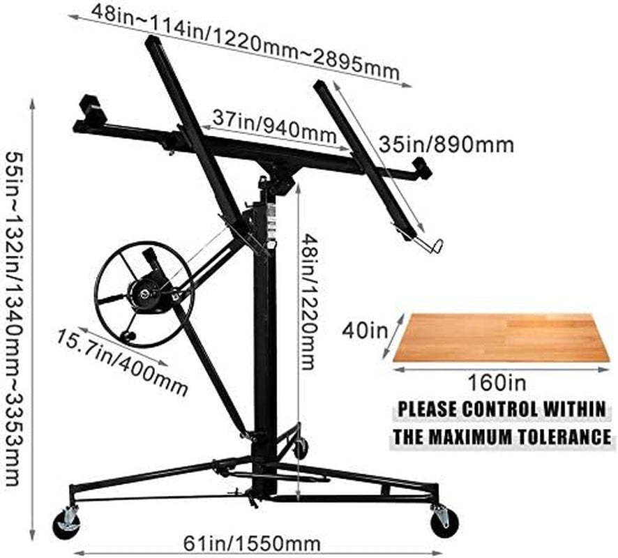 Drywall Lift 11FT Heavy Duty Drywall Panel Hoist Professional Jack Lifter Sturdy Rolling Lockable Caster Wheels Sheetrock Lift Drywall Lifts, 150LB Capacity, Black