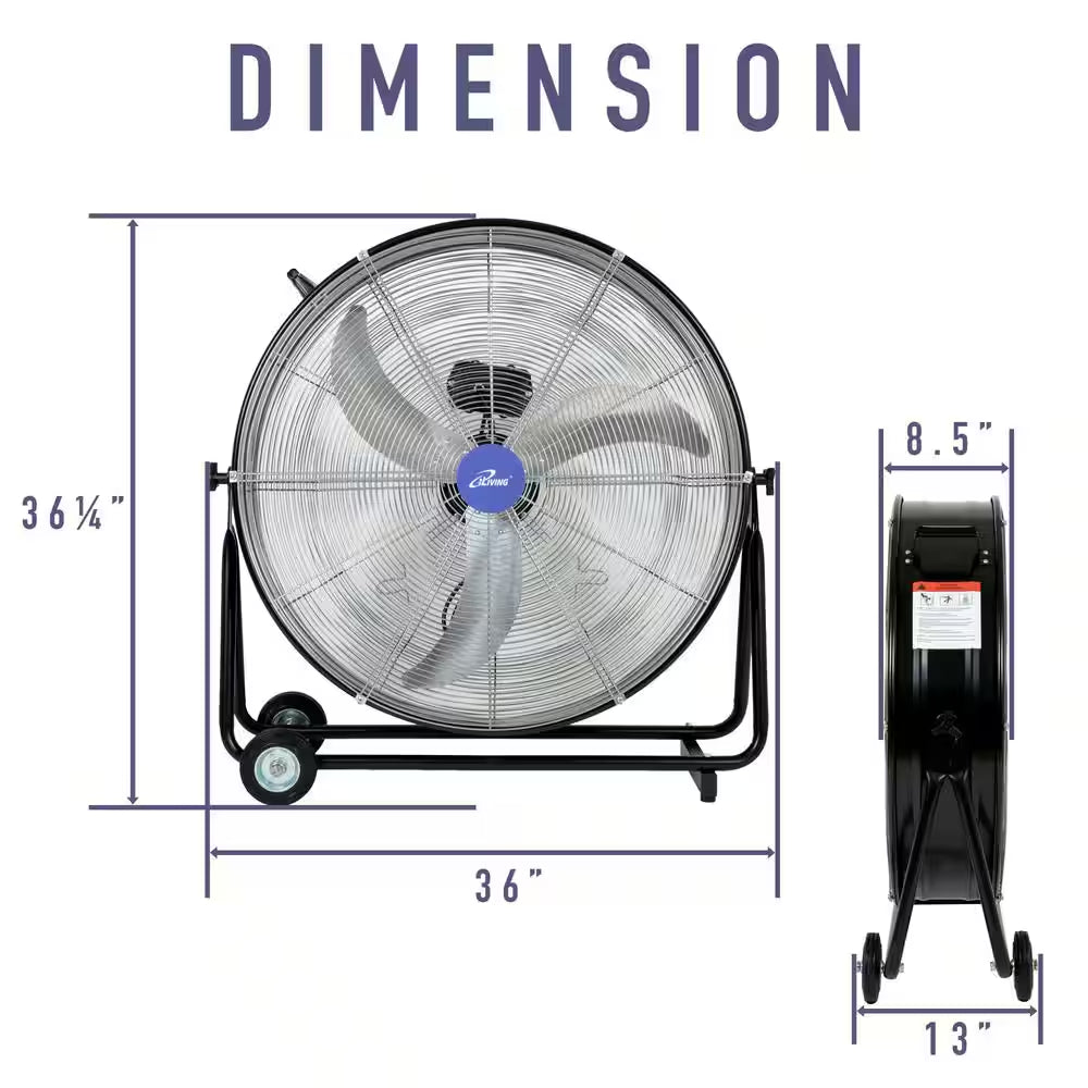 30 In. 3-Speed Portable High Velocity Drum Fan with 8300 CFM, Industrial, Commercial, Air Circulator