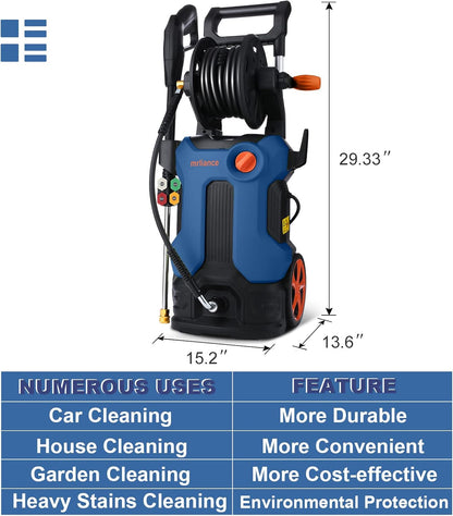 Pressure Washer  2.1GPM Electric Power Washer 1800W High Pressure Washer, Professional Washer Cleaner, with 4 Nozzles, Soap Bottle for Cleaning Cars,Driveways,Patios(Hose Reel-Blue)