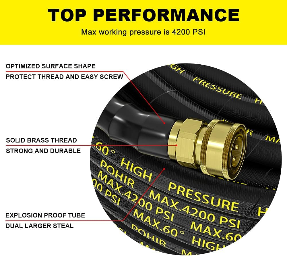 Power Washer Hose 125FT, High Pressure Washer Hose with 3/8'' Quick Connector, Steel Wire Braided Hose with 2 Quick Connect Kits Compatible M22 14 Mm, Hose for Pressure Washer 4200 PSI