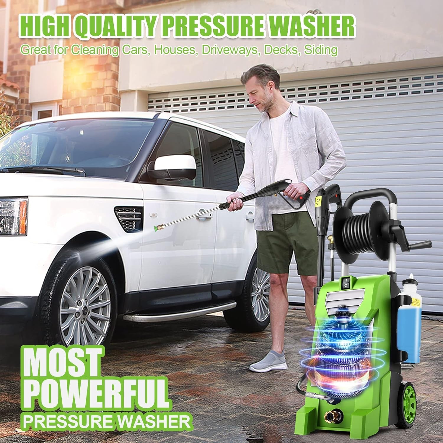 Pressure Washer  Electric Power Washer 2.9GPM High Pressure Washer 2000W Professional Car Washer with 5 Nozzles, Soap Bottle for Cleaning Houses Driveways Fences Garden (Green)