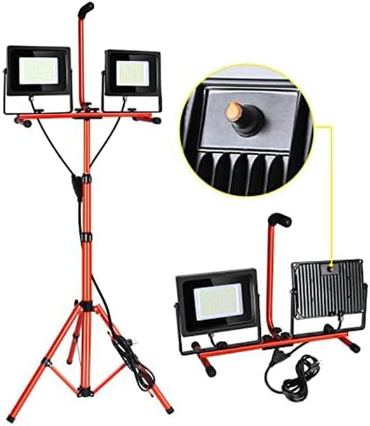 LED Work Light Dimmable 10000Lm 5000K Dual Head Work Light with Stand Portable Construction Flood Light Outdoor IP65 Waterproof for Garage Workshop Warehouse Backyard