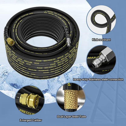 Power Washer Hose 125FT, High Pressure Washer Hose with 3/8'' Quick Connector, Steel Wire Braided Hose with 2 Quick Connect Kits Compatible M22 14 Mm, Hose for Pressure Washer 4200 PSI