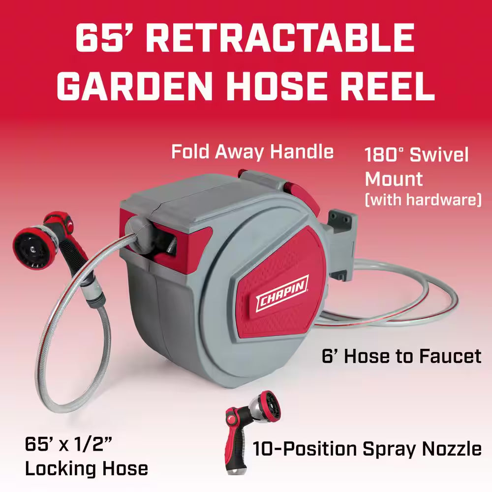 1/2 In. Dia. X 65 Ft. Heavy-Duty Wall Mount Retractable Hose Reel