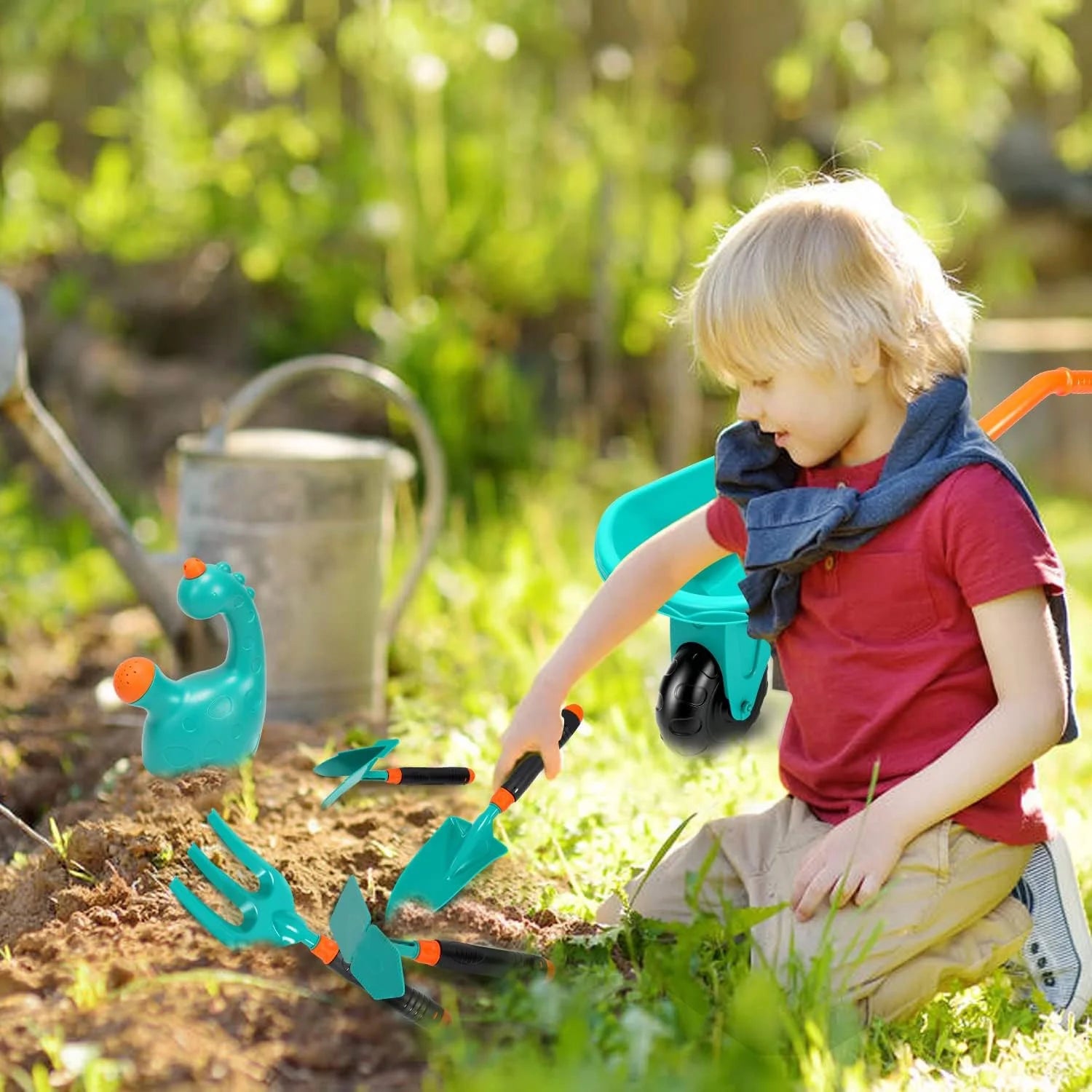 Kids Gardening Tool Set, Garden Outdoor Toys Kids Wheelbarrow Watering Can Gloves Hand Rake Shovel Trowel Double Hoe Apron, Green