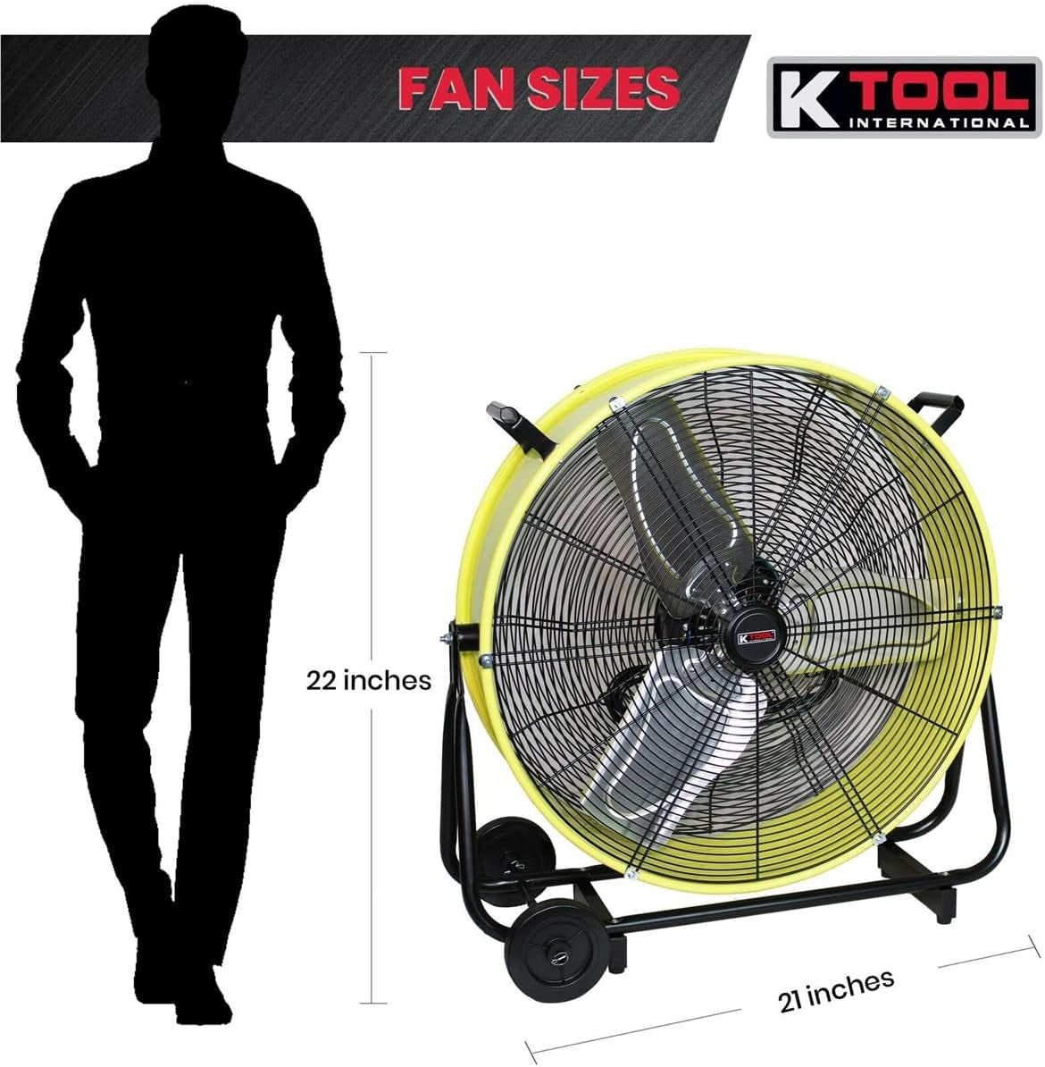 77740 24” Belt Drive Drum Fan with Wheels, High-Velocity, 2-Speed, Cut-Off Protection, 7850 Max CFM, Cul Listed, Used in Warehouses, Shops, Greenhouses, Barns, Gyms, Yellow