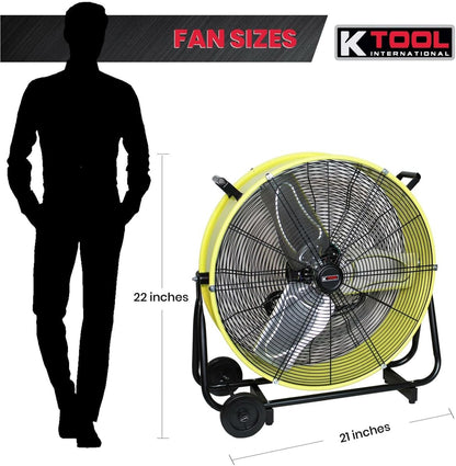 77740 24” Belt Drive Drum Fan with Wheels, High-Velocity, 2-Speed, Cut-Off Protection, 7850 Max CFM, Cul Listed, Used in Warehouses, Shops, Greenhouses, Barns, Gyms, Yellow