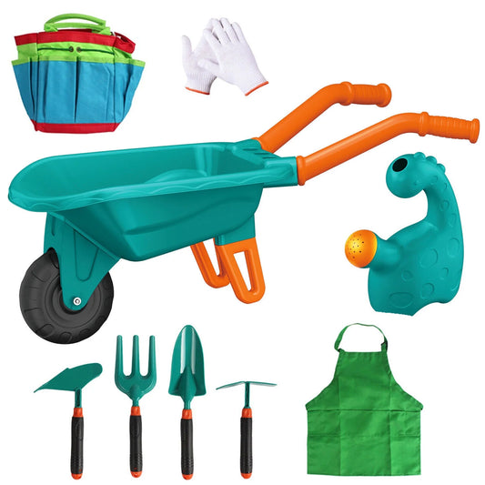 Kids Gardening Tool Set, Garden Outdoor Toys Kids Wheelbarrow Watering Can Gloves Hand Rake Shovel Trowel Double Hoe Apron, Green