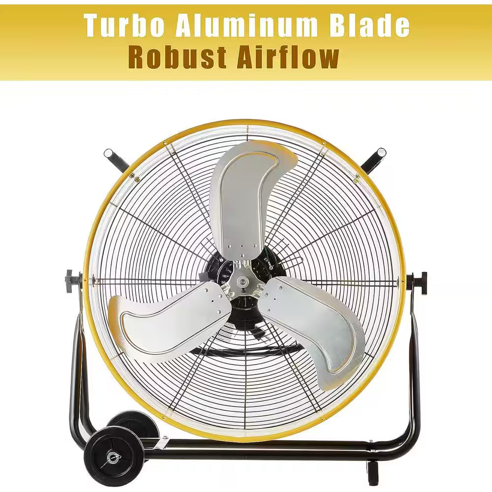 24 In. 3-Speeds Portable High Velocity Drum Fan in Yellow with Powerful 1/3 - HP Motor, Turbo Blade, Low Noise