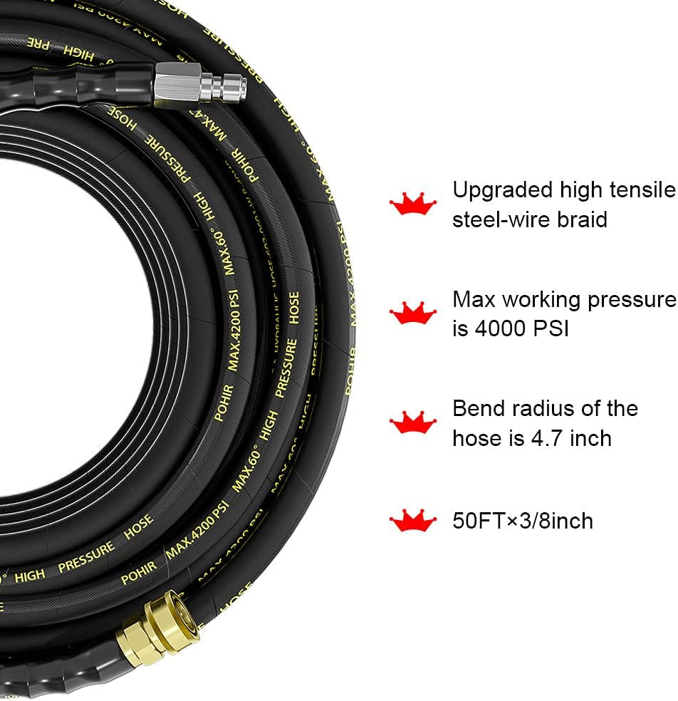 Power Washer Hose 125FT, High Pressure Washer Hose with 3/8'' Quick Connector, Steel Wire Braided Hose with 2 Quick Connect Kits Compatible M22 14 Mm, Hose for Pressure Washer 4200 PSI