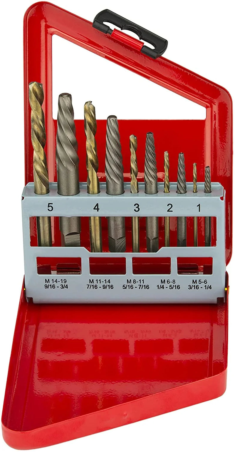 01925A Screw-Extractor and Left-Hand Drill-Bit Set, HSS M2 Steel Drill Bits, Alloy Spiral Flutes, Reverse Drill-Bit and Bolt Extractor, Easily Remove Stripped Screws and Broken Bolts, 10 Pieces