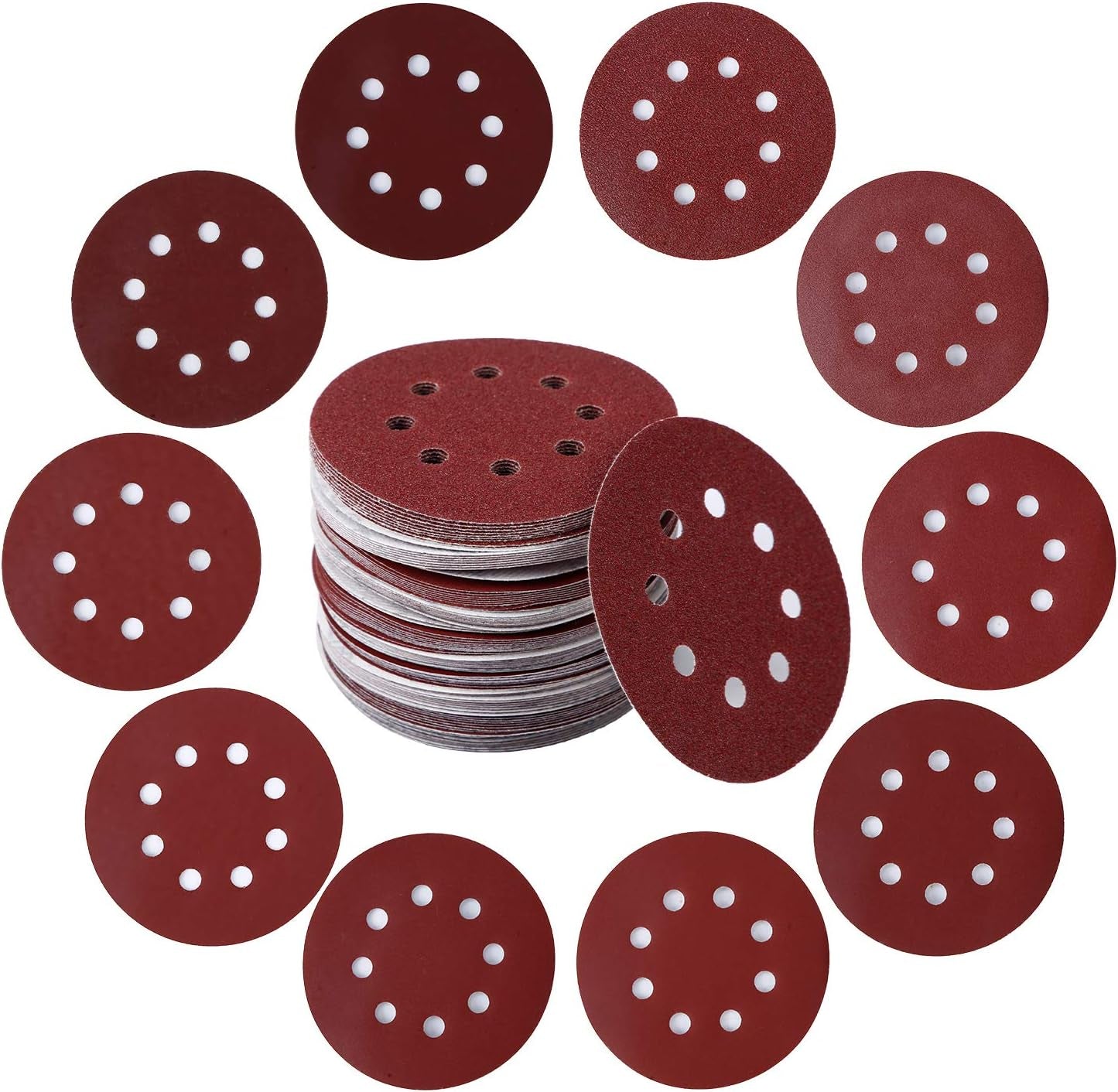 100PCS 5 Inch 8 Holes Sanding Discs 60 120 240 400 600 800 1000 1200 1500 2000 Grit Sandpaper Sander round Sand Paper (100Pcs 60-2000 Grit)