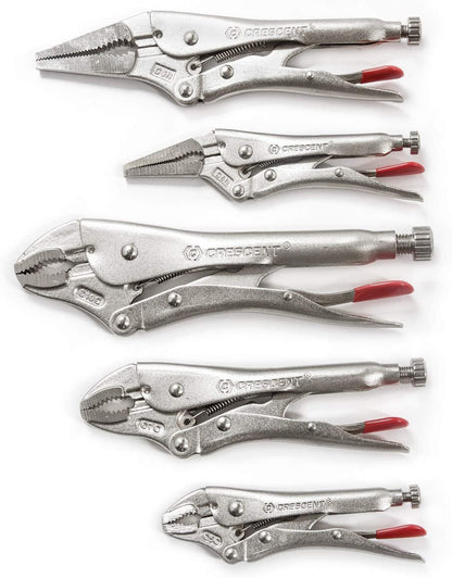 5 Piece 5 Inch, 7 Inch & 10 Inch Curved Jaw & 6 Inch & 9 Inch Long Nose Locking Pliers with Wire Cutter - CLP5SETN