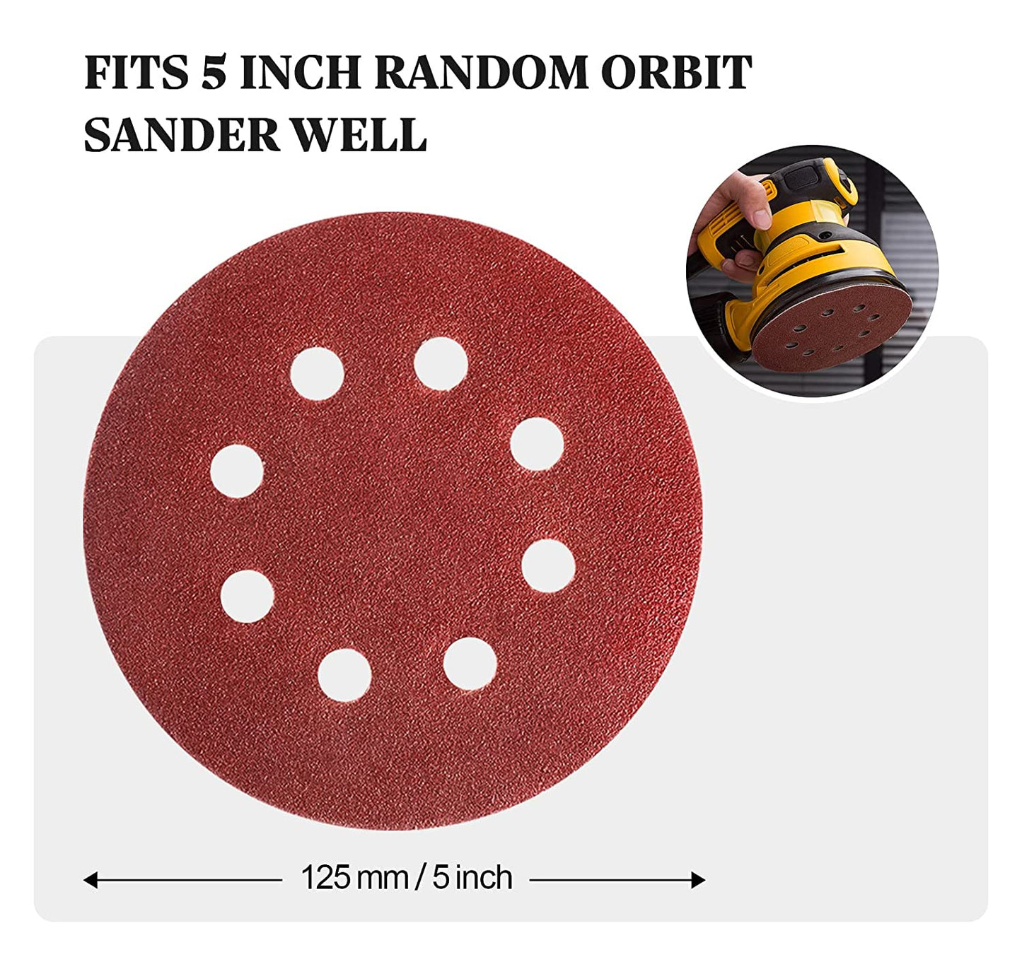 72 PCS 5 Inch 8 Hole Hook and Loop Adhesive Sanding Discs Sandpaper for Random Orbital Sander 40 60 80 120 180 240 320 Grits