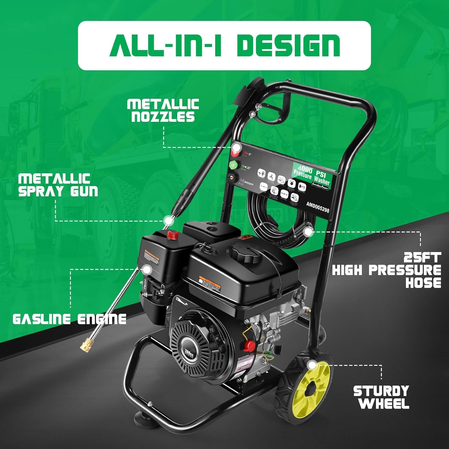 4000PSI Gas Pressure Washer, 2.6GPM Commercial Power Washer Gas Powered, 208Cc 7.0 HP Engine, Includes 3 QC Nozzles, 25’ Hose, EPA/CARB/ETL Compliant