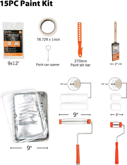 15PC Paint Brush Roller Kit,9 Inch Roller Frame House Painting Kit,9" Metal Stainless Steel Paint Tray,Masking Tape,Drop Cloth,Paint Brush,Mini Roller Paint Stir Bar