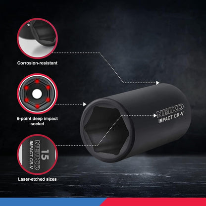 02474A 1/2" Impact Socket Set, 15 Piece Metric Socket Set 10-24 Mm, Deep Sockets, 6 Point, 1/2” Drive Sockets for 1/2" Impact Wrench, Chrome Vanadium Cr-V
