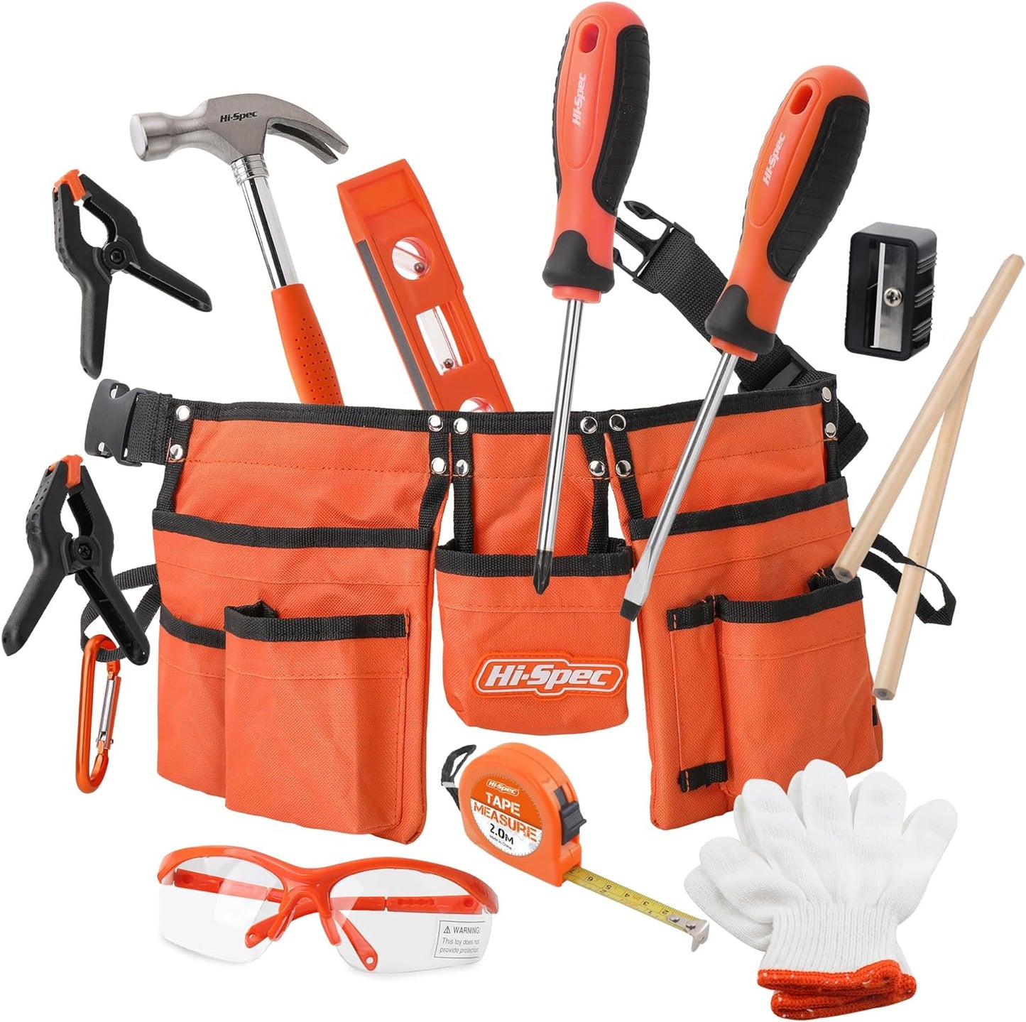 16Pc Orange Kids Tool Set & Child Size Tool Belt with Real Metal Hand Tools for Building, Woodwork & Construction Learning