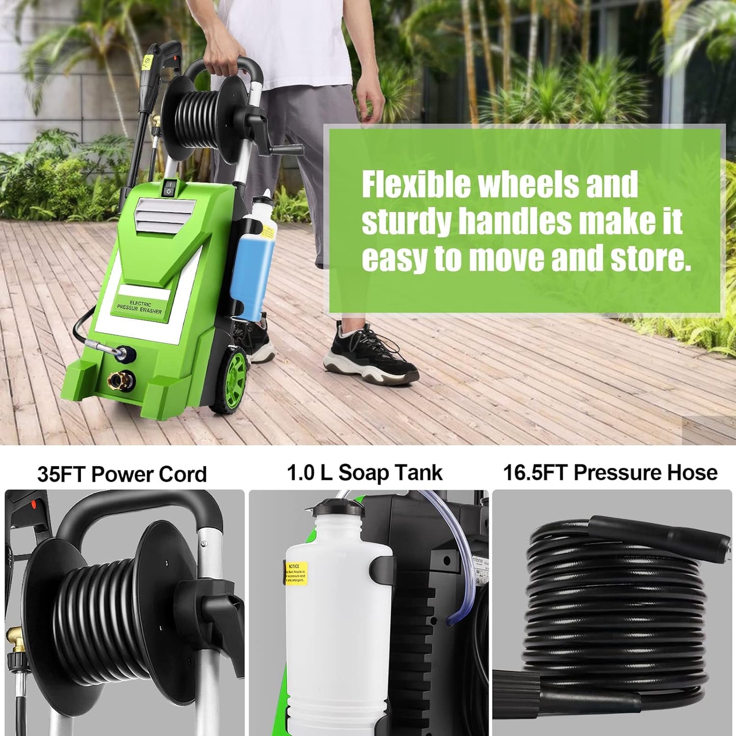 Pressure Washer  Electric Power Washer 2.9GPM High Pressure Washer 2000W Professional Car Washer with 5 Nozzles, Soap Bottle for Cleaning Houses Driveways Fences Garden (Green)