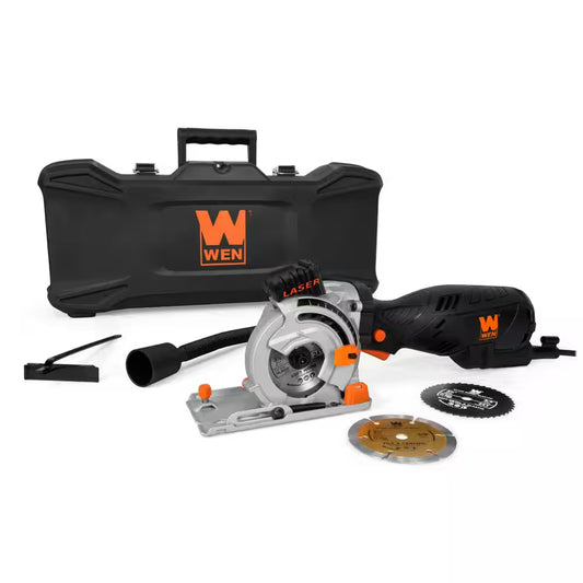 5 Amp 3-1/2 In. Plunge Cut Compact Circular Saw with Laser, Carrying Case and 3-Blades