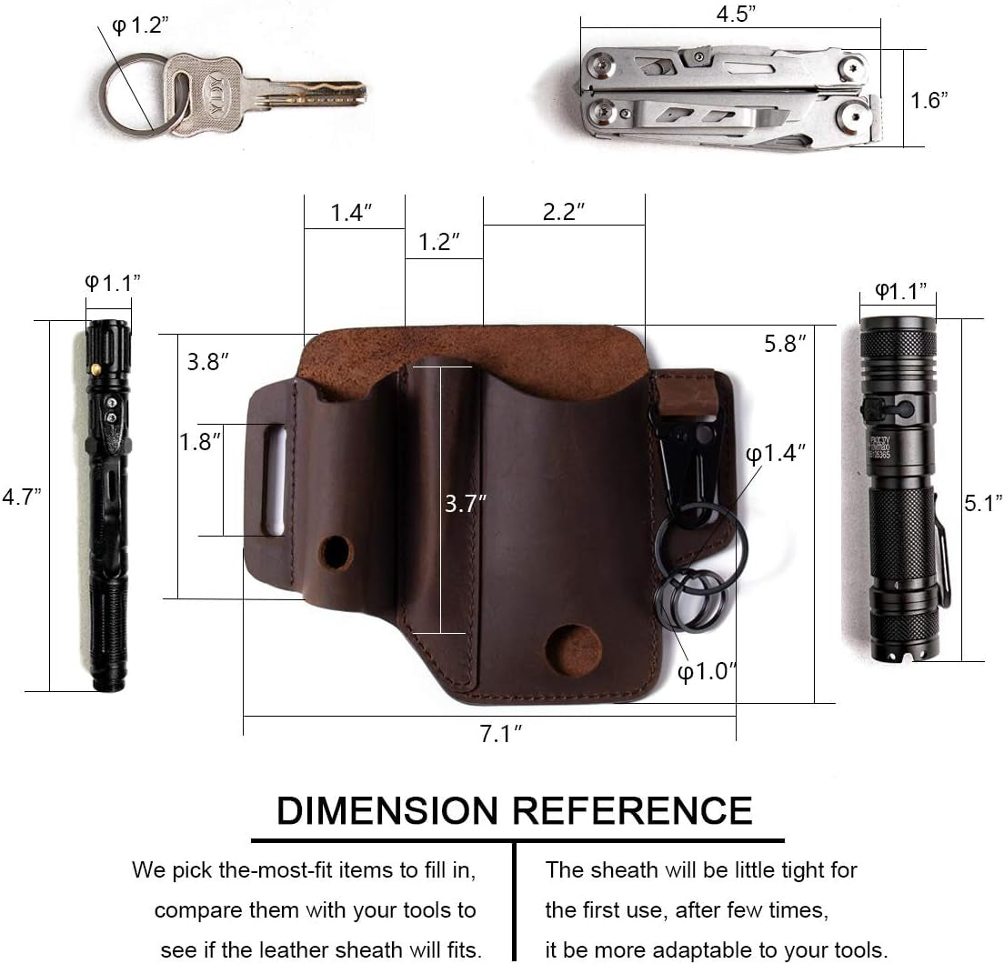 Multitool Sheath for Belt, EDC Belt Organizer for Men, Leather Multitool Pouch with Pen Holder, Flashlight Sheath,Key Fob, Leather EDC Pouch Darkbrown