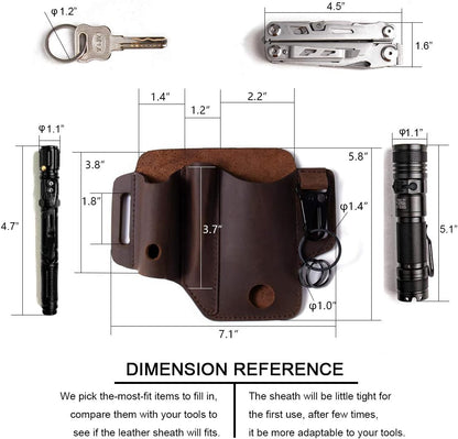 Multitool Sheath for Belt, EDC Belt Organizer for Men, Leather Multitool Pouch with Pen Holder, Flashlight Sheath,Key Fob, Leather EDC Pouch Darkbrown