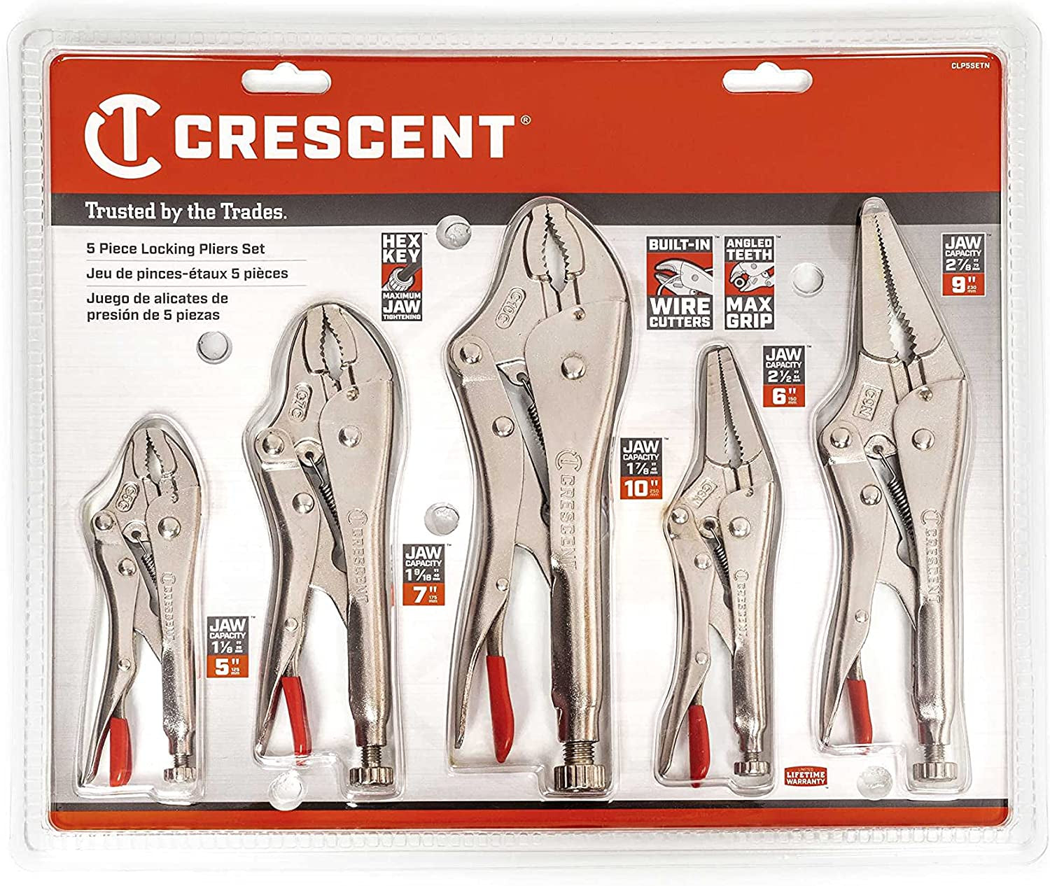 5 Piece 5 Inch, 7 Inch & 10 Inch Curved Jaw & 6 Inch & 9 Inch Long Nose Locking Pliers with Wire Cutter - CLP5SETN