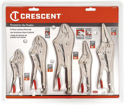 5 Piece 5 Inch, 7 Inch & 10 Inch Curved Jaw & 6 Inch & 9 Inch Long Nose Locking Pliers with Wire Cutter - CLP5SETN