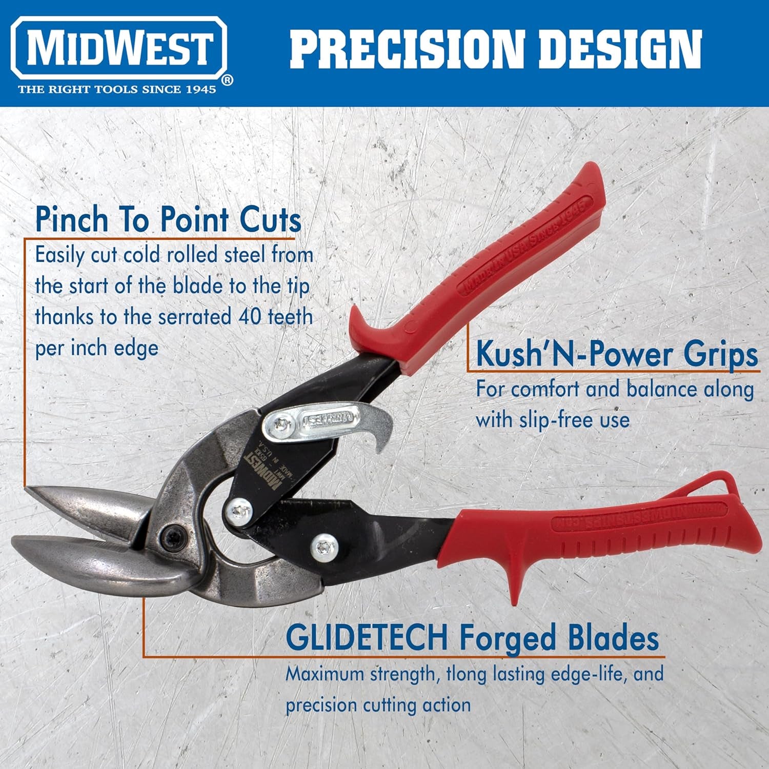 MIDWEST Aviation Snip Set - Left and Right Cut Offset Tin Cutting Shears with Forged Blade & KUSH'N-POWER Comfort Grips - MWT-6510C