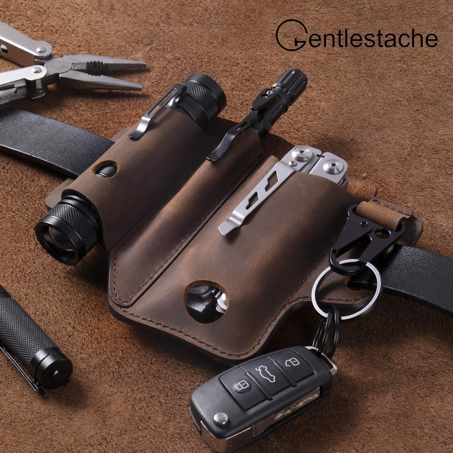 Multitool Sheath for Belt, EDC Belt Organizer for Men, Leather Multitool Pouch with Pen Holder, Flashlight Sheath,Key Fob, Leather EDC Pouch Darkbrown