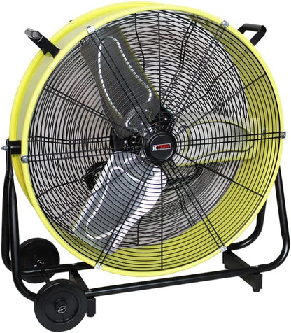 77740 24” Belt Drive Drum Fan with Wheels, High-Velocity, 2-Speed, Cut-Off Protection, 7850 Max CFM, Cul Listed, Used in Warehouses, Shops, Greenhouses, Barns, Gyms, Yellow