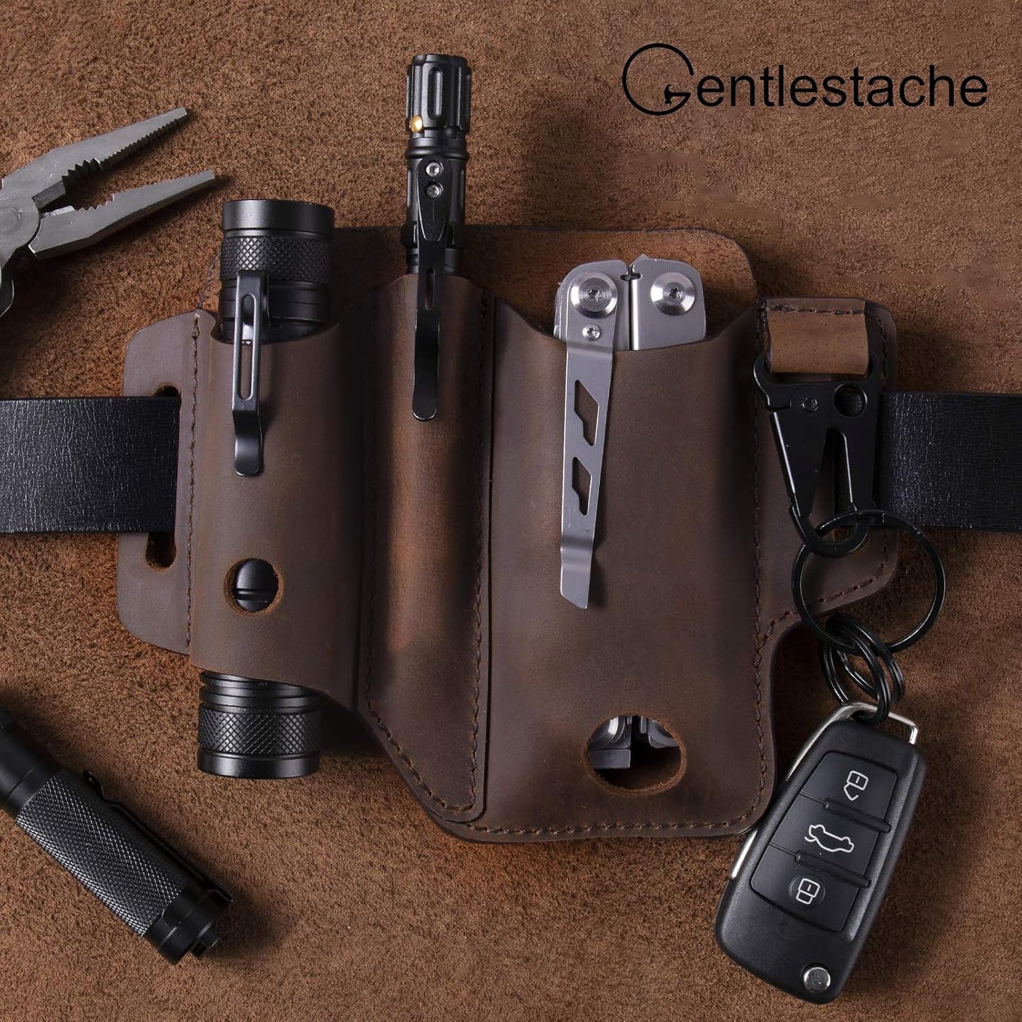 Multitool Sheath for Belt, EDC Belt Organizer for Men, Leather Multitool Pouch with Pen Holder, Flashlight Sheath,Key Fob, Leather EDC Pouch Darkbrown