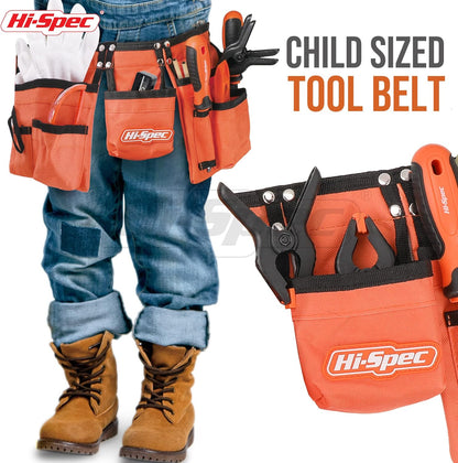 16Pc Orange Kids Tool Set & Child Size Tool Belt with Real Metal Hand Tools for Building, Woodwork & Construction Learning