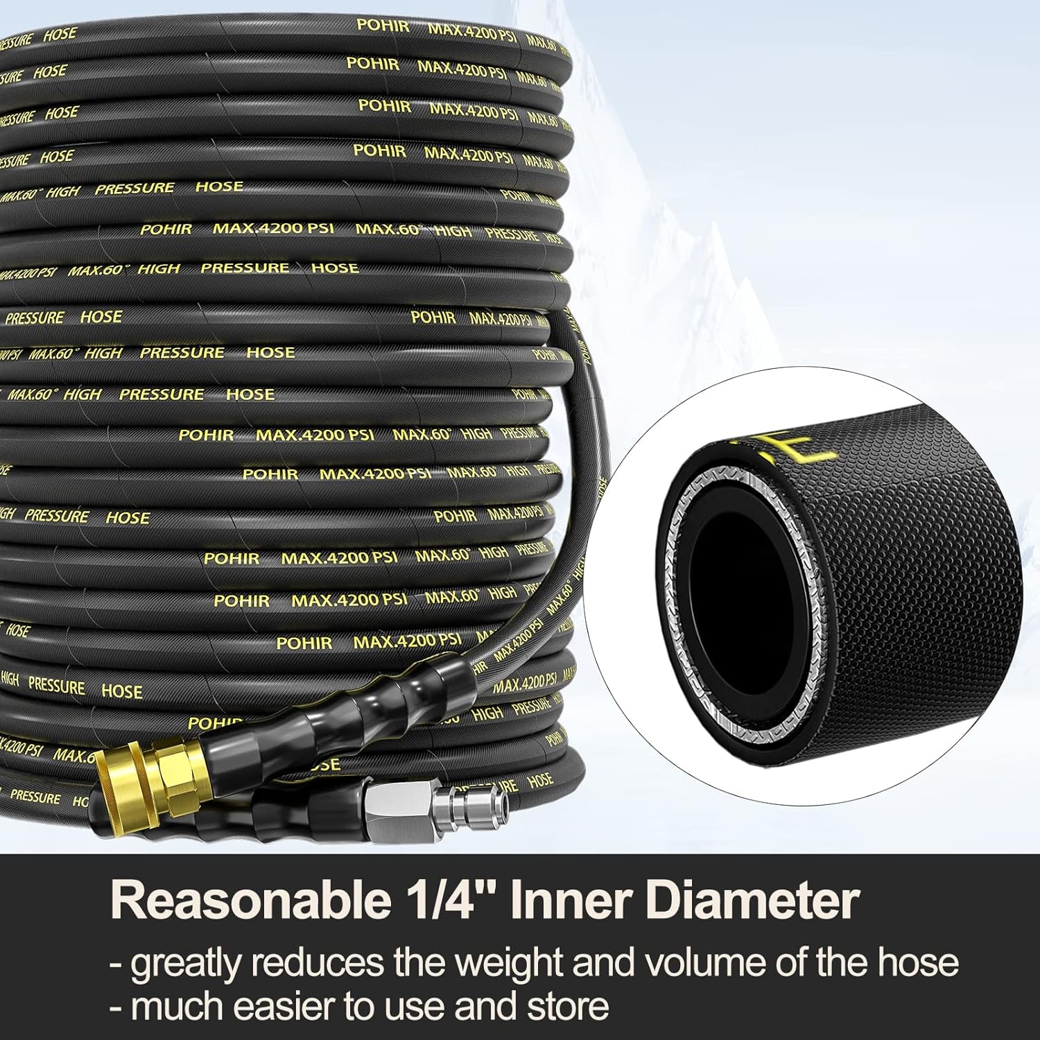 Power Washer Hose 125FT, High Pressure Washer Hose with 3/8'' Quick Connector, Steel Wire Braided Hose with 2 Quick Connect Kits Compatible M22 14 Mm, Hose for Pressure Washer 4200 PSI