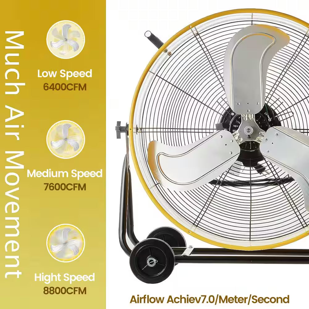 24 In. 3-Speeds Portable High Velocity Drum Fan in Yellow with Powerful 1/3 - HP Motor, Turbo Blade, Low Noise