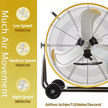 24 In. 3-Speeds Portable High Velocity Drum Fan in Yellow with Powerful 1/3 - HP Motor, Turbo Blade, Low Noise