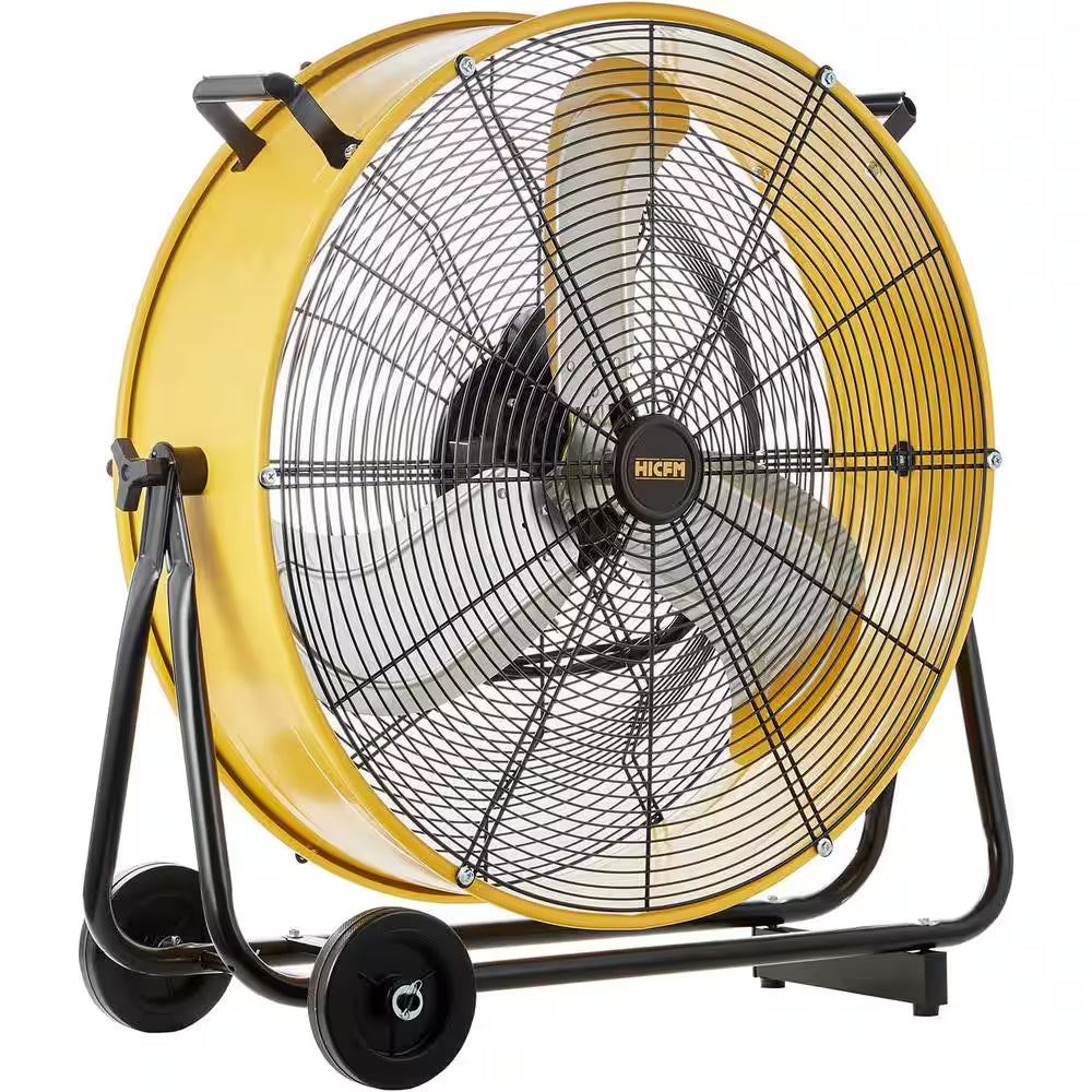 24 In. 3-Speeds Portable High Velocity Drum Fan in Yellow with Powerful 1/3 - HP Motor, Turbo Blade, Low Noise